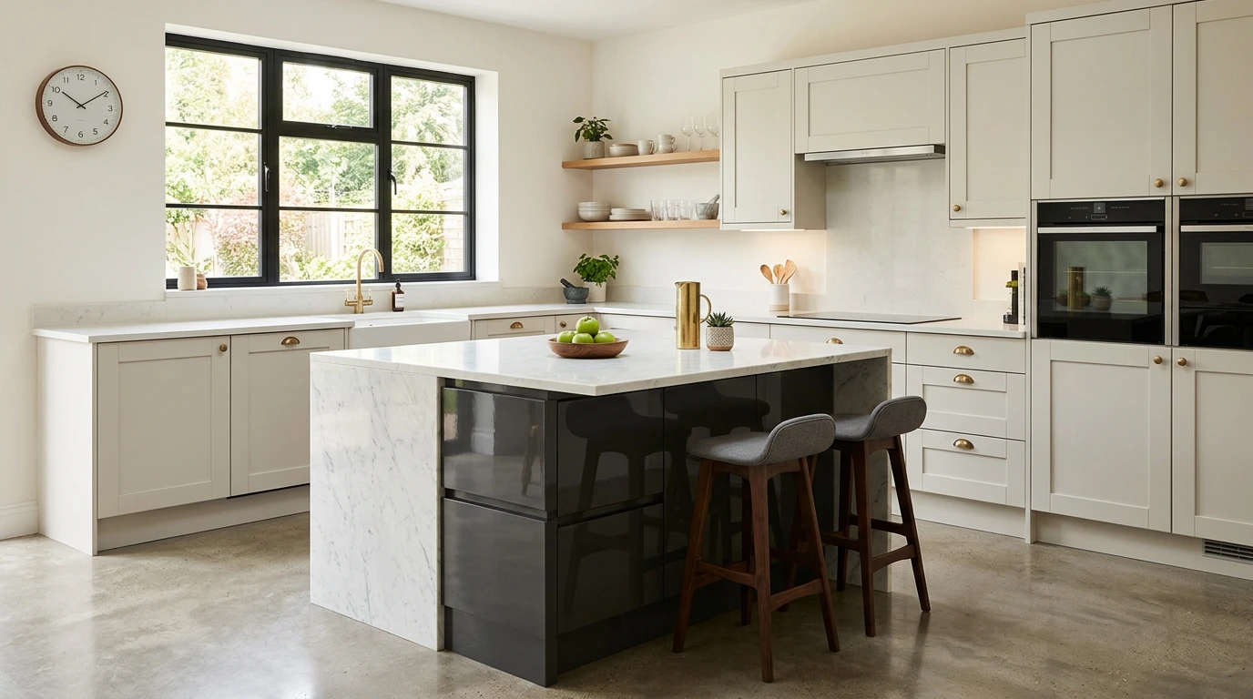 Smart two-tone kitchen with a gloss slab island against matte Shaker units