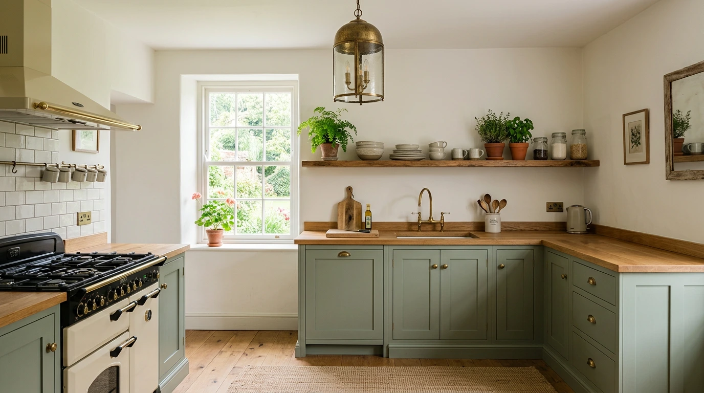 Warm, homely Shaker kitchen with open shelves and a pendant light