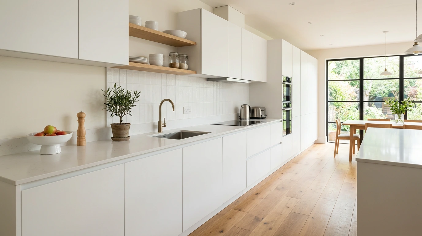 Sleek slab kitchen in matt white