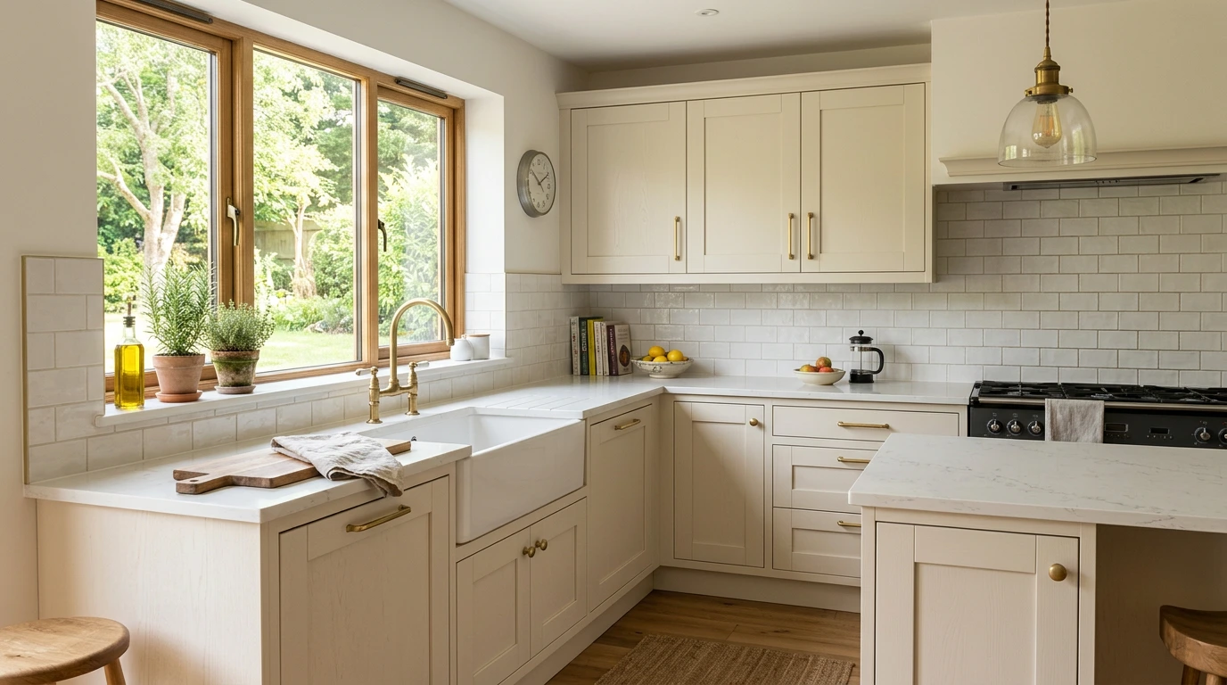 Fresh, welcoming kitchen with new doors and handles in a warm light colour