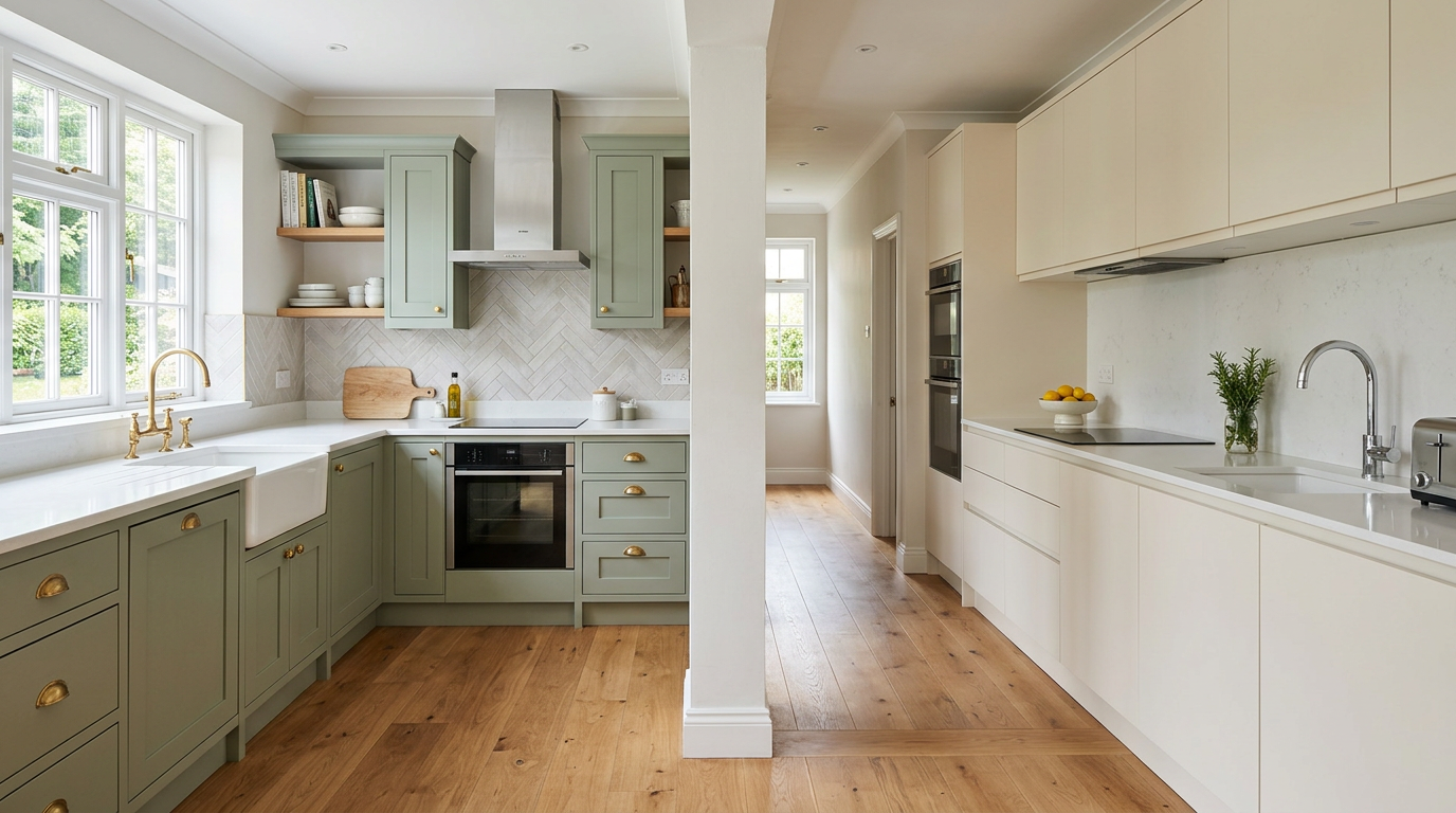 Kitchen pairing sage Shaker doors with cream slab doors