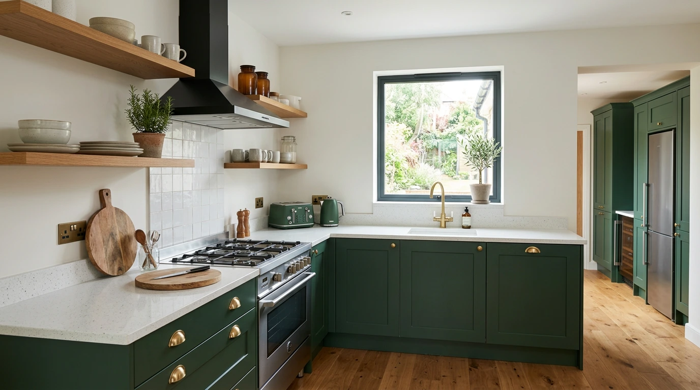 On-trend kitchen with deep forest green Shaker doors and woodgrain shelving