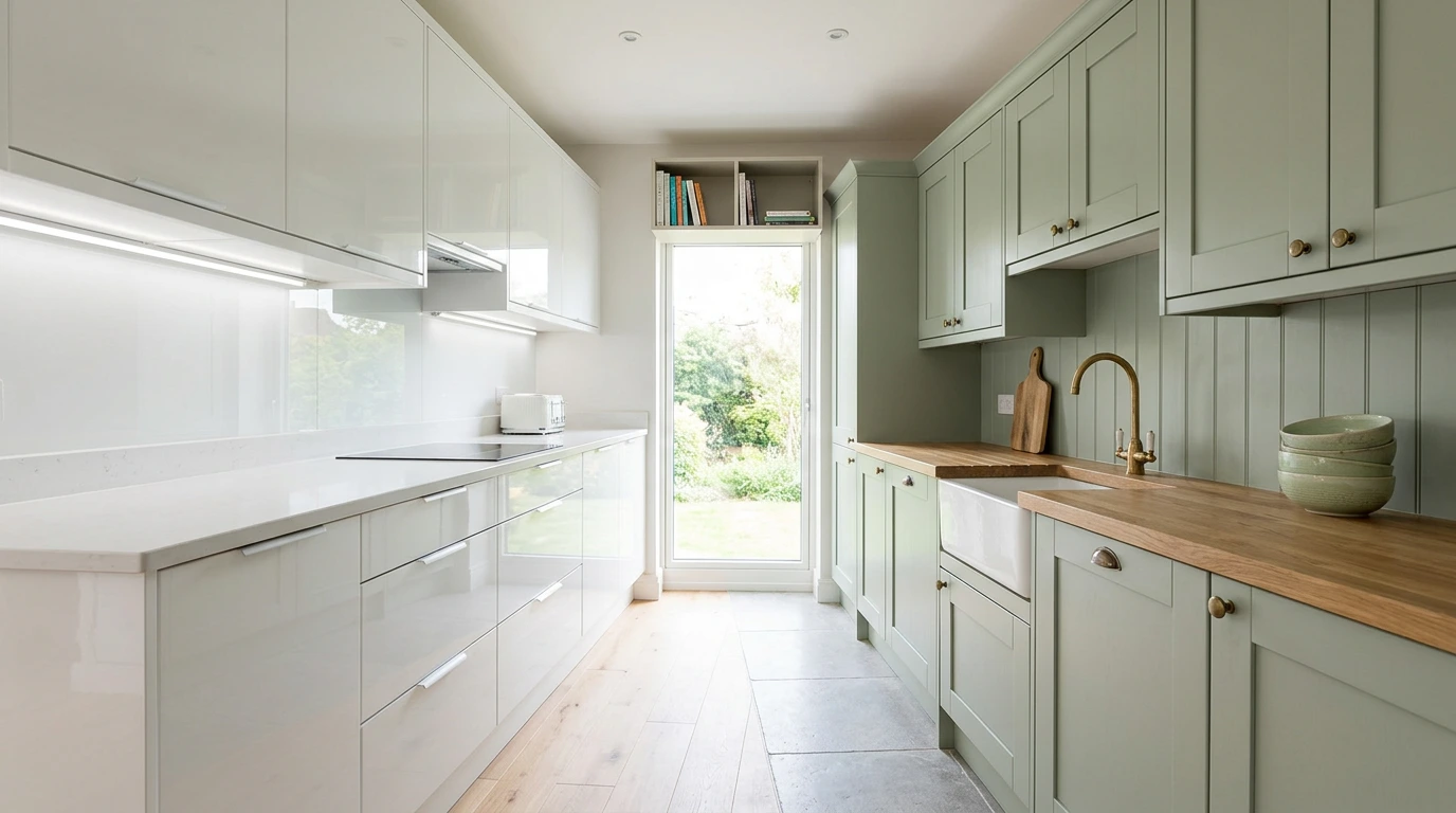 Kitchen comparing a gloss white slab run with a matte sage Shaker run