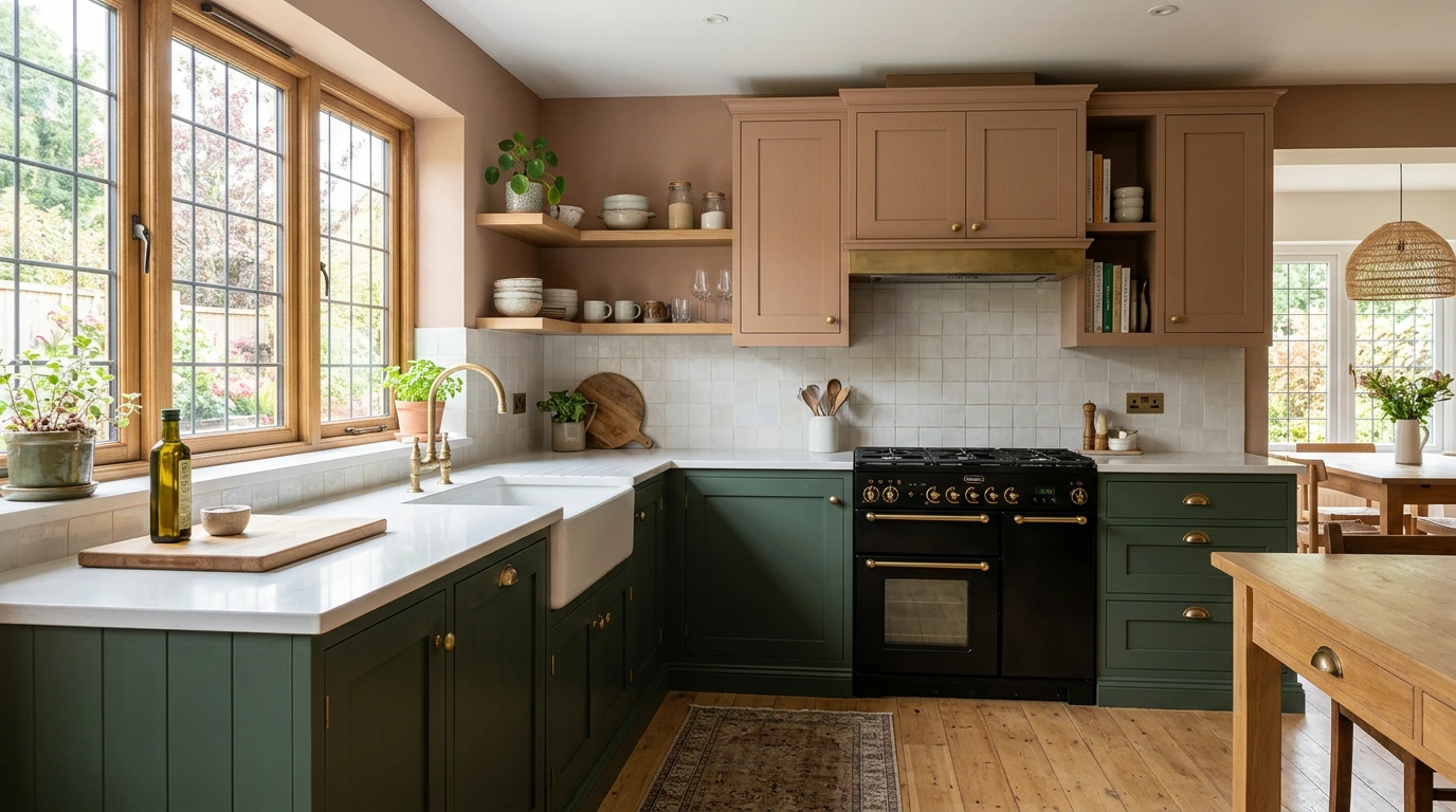 Stylish on-trend Shaker kitchen in warm clay and deep green tones