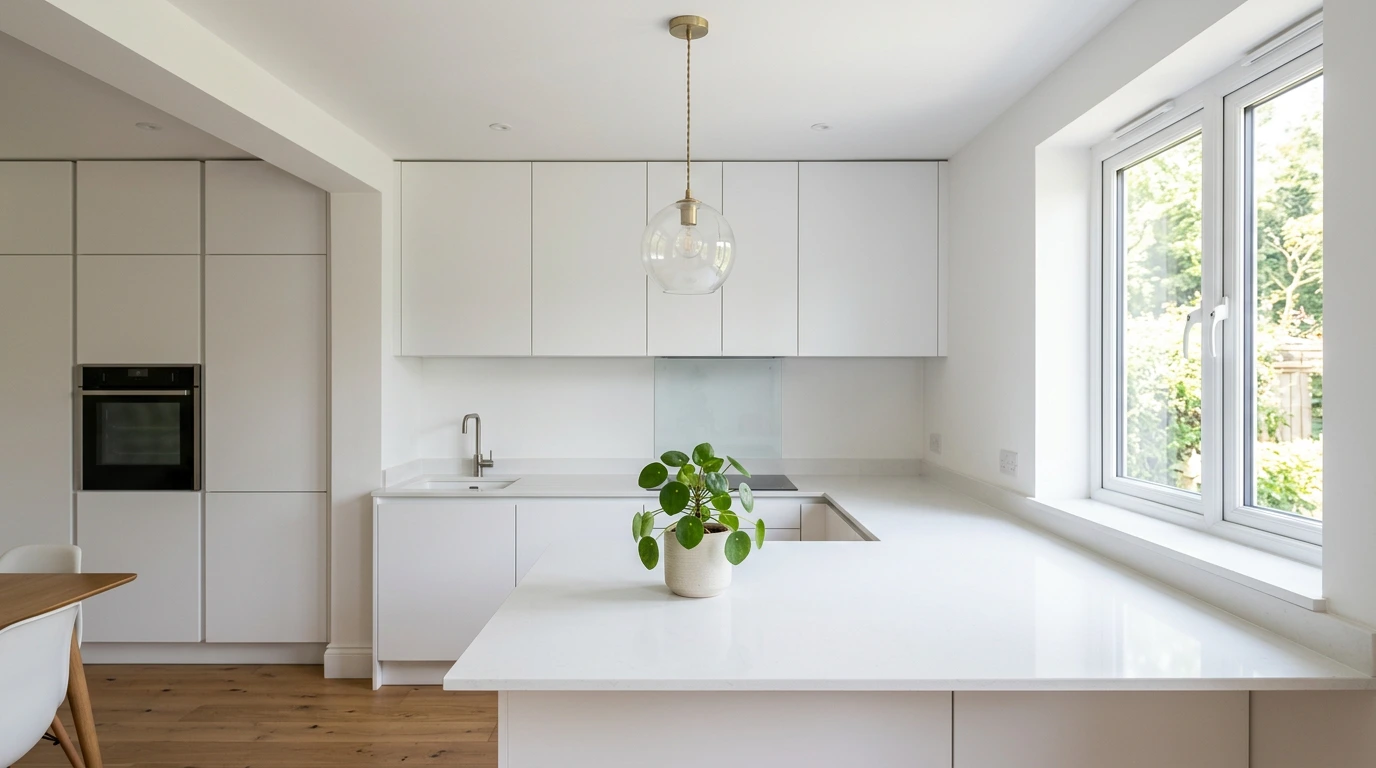 Serene minimalist slab kitchen in pure matt white