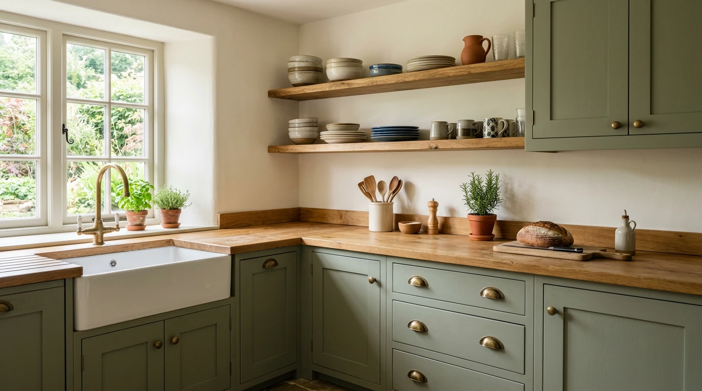 Warm farmhouse Shaker kitchen in sage green with a wood worktop