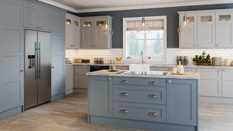 Bold two-tone family kitchen pairing deep denim and soft dove grey shaker doors