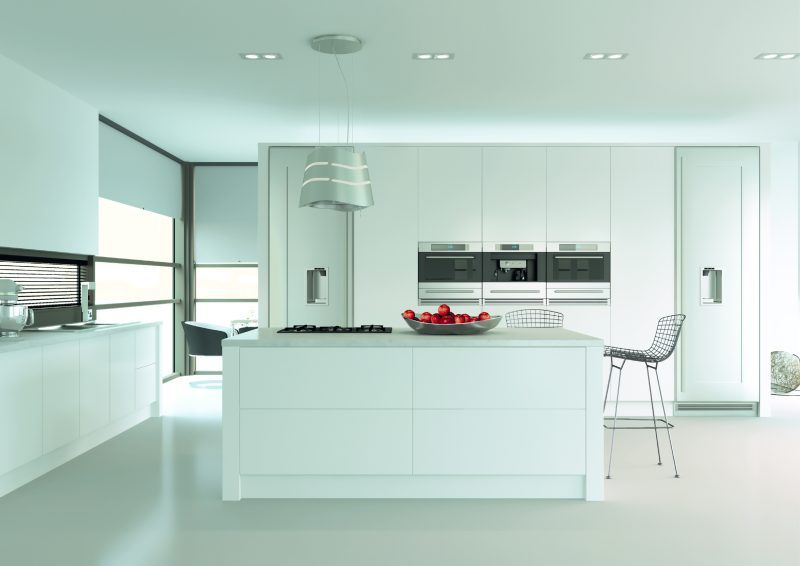 Bright, modern family kitchen with crisp porcelain white Venice doors