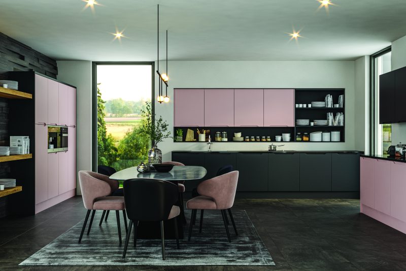 Playful, characterful modern kitchen with soft blush pink integra doors and a full handle option