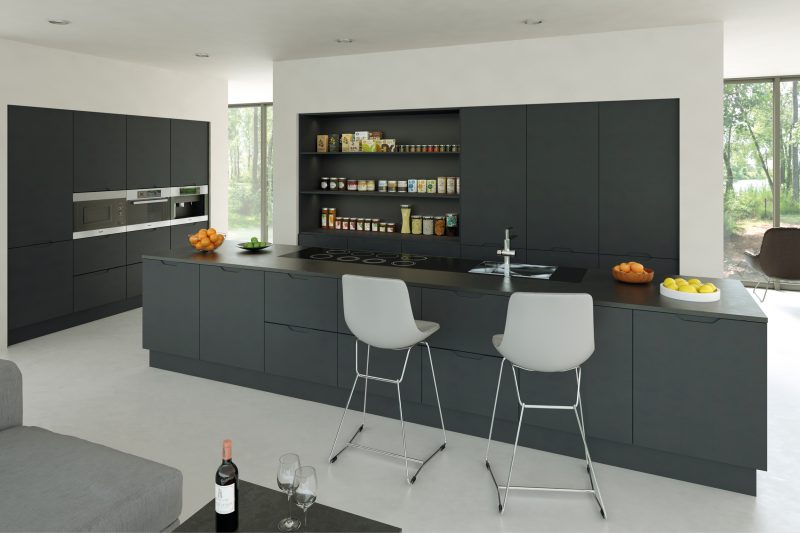 Sleek, considered modern kitchen with deep graphite supermatt integra doors