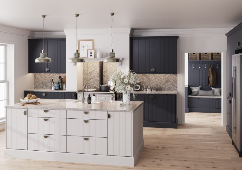 Bold, contemporary family kitchen with indigo blue supermatt Austin doors