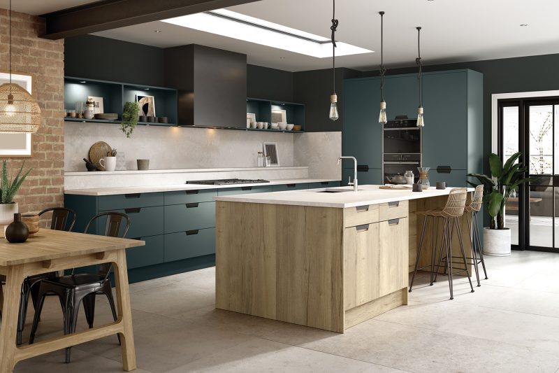 Warm, characterful modern kitchen pairing kombu green supermatt doors with natural oak