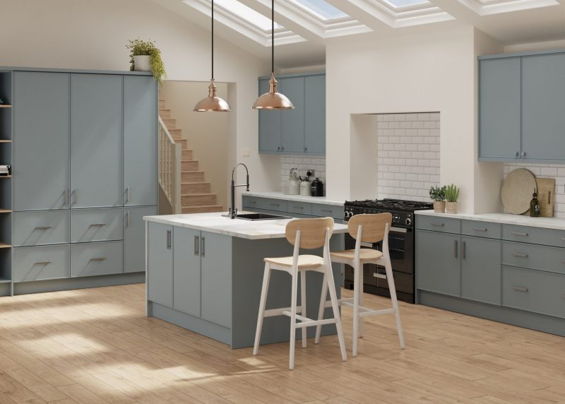 Considered  kitchen with soft mood grey shaker doors and natural finishes