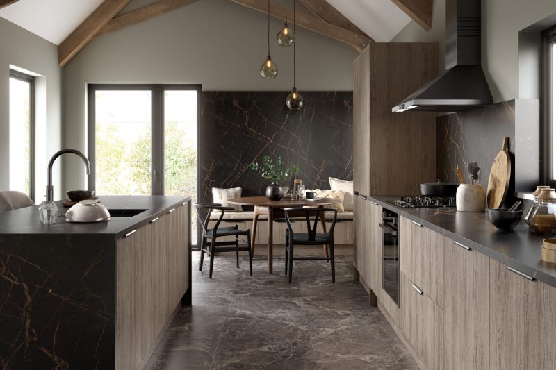 Calm, contemporary family kitchen with grey Vicenza oak Venice doors