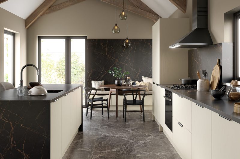 Elegant, light-filled family kitchen with cream paint-flow matt Venice doors