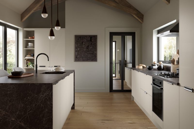 Warm, welcoming family kitchen with soft carat beige supermatt Venice doors