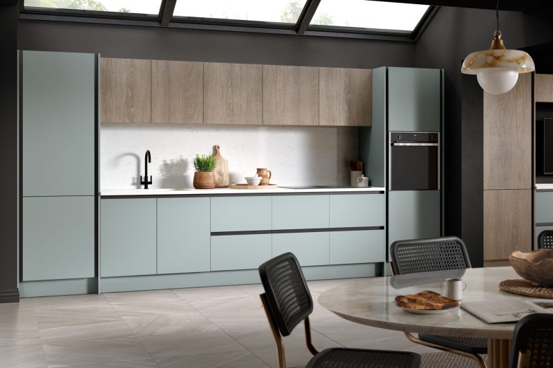Smart, characterful kitchen pairing duck egg supermatt doors with grey Vicenza oak inrail