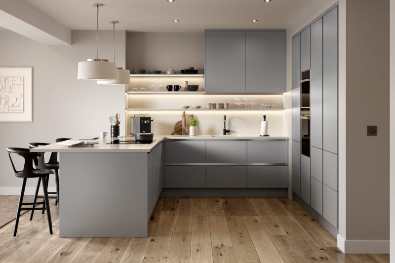 Sleek, calming modern kitchen with dust grey supermatt inrail Venice doors