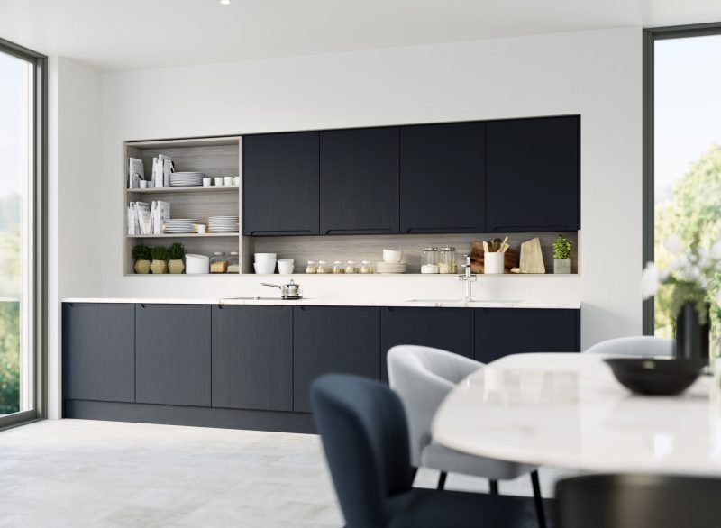 Bold, contemporary family kitchen with indigo blue paint-flow matt Chelsea doors