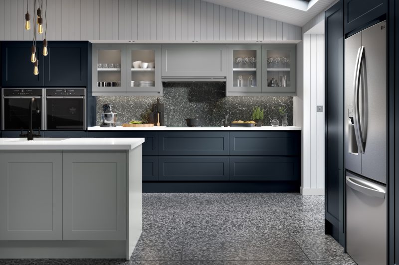 Layered, contemporary kitchen pairing indigo blue and dust grey supermatt Elland doors