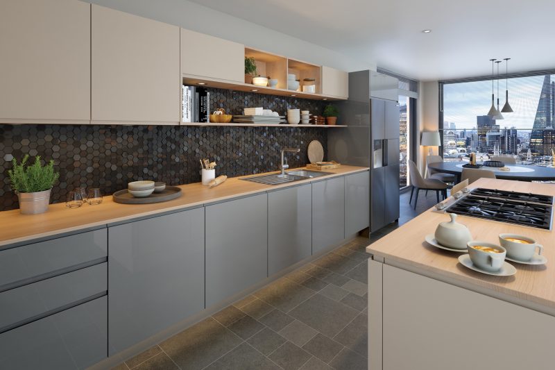 Sleek, contemporary kitchen pairing dust grey supergloss with cashmere supermatt Jayline doors