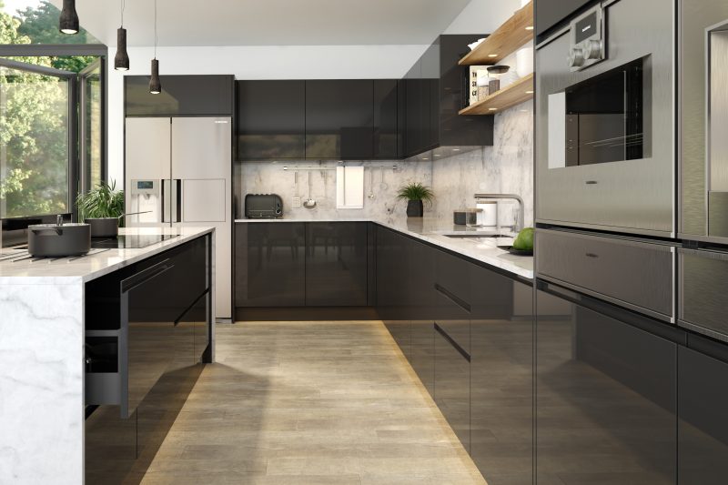 Sleek, dramatic modern kitchen with deep graphite supergloss Jayline doors