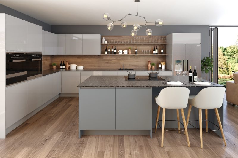 Calm, contemporary kitchen mixing light grey supergloss with dust grey supermatt Jayline doors
