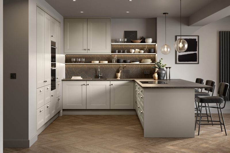 Warm, welcoming family kitchen with soft taupe grey shaker doors