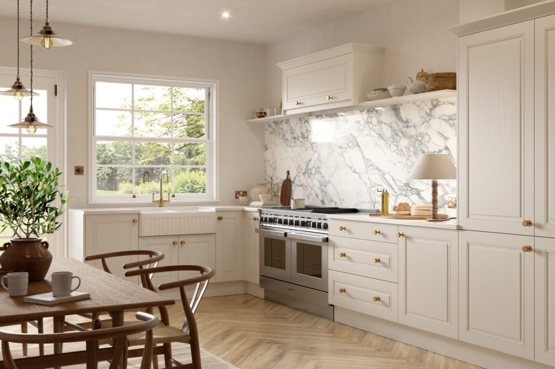 Elegant in-frame kitchen with painted taupe grey doors and a refined classic feel